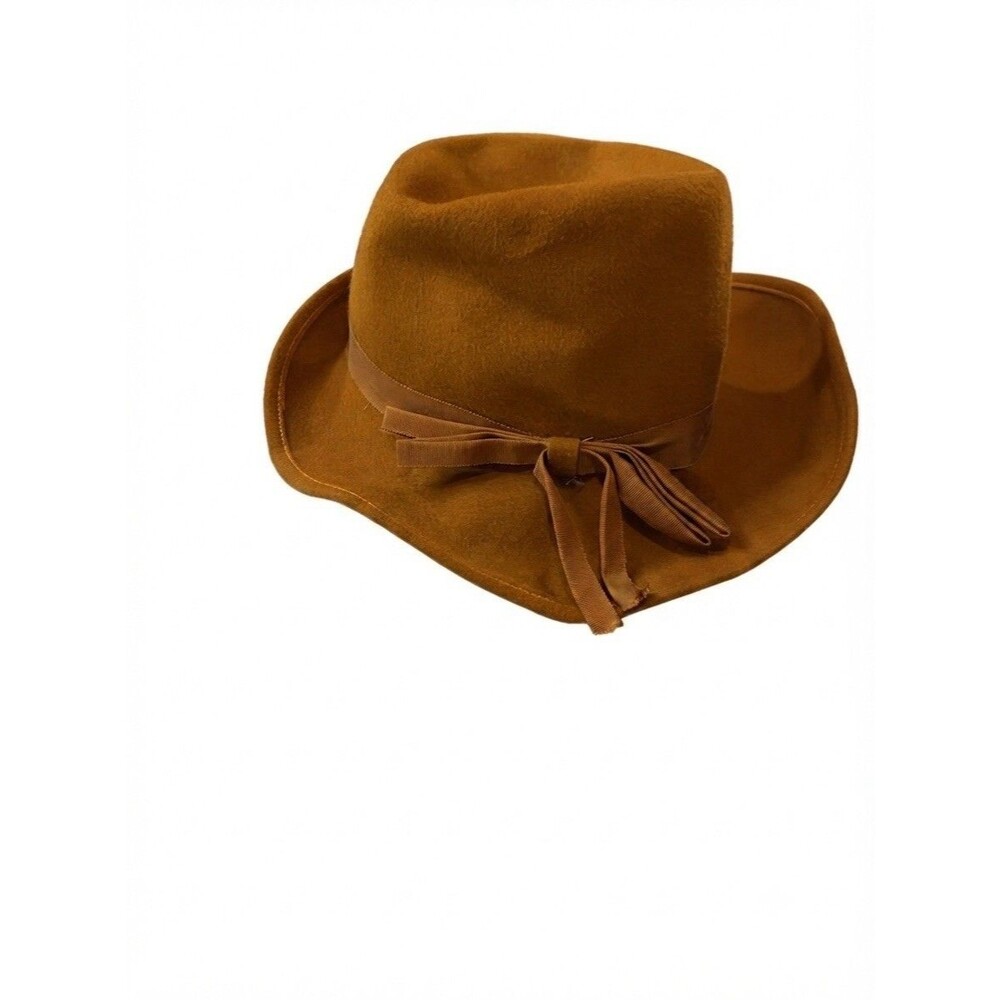 Vintage 1950s RITZ Henry Pollak Inc 100% Wool Mustard Gold Fedora Hat Bow Sz 22